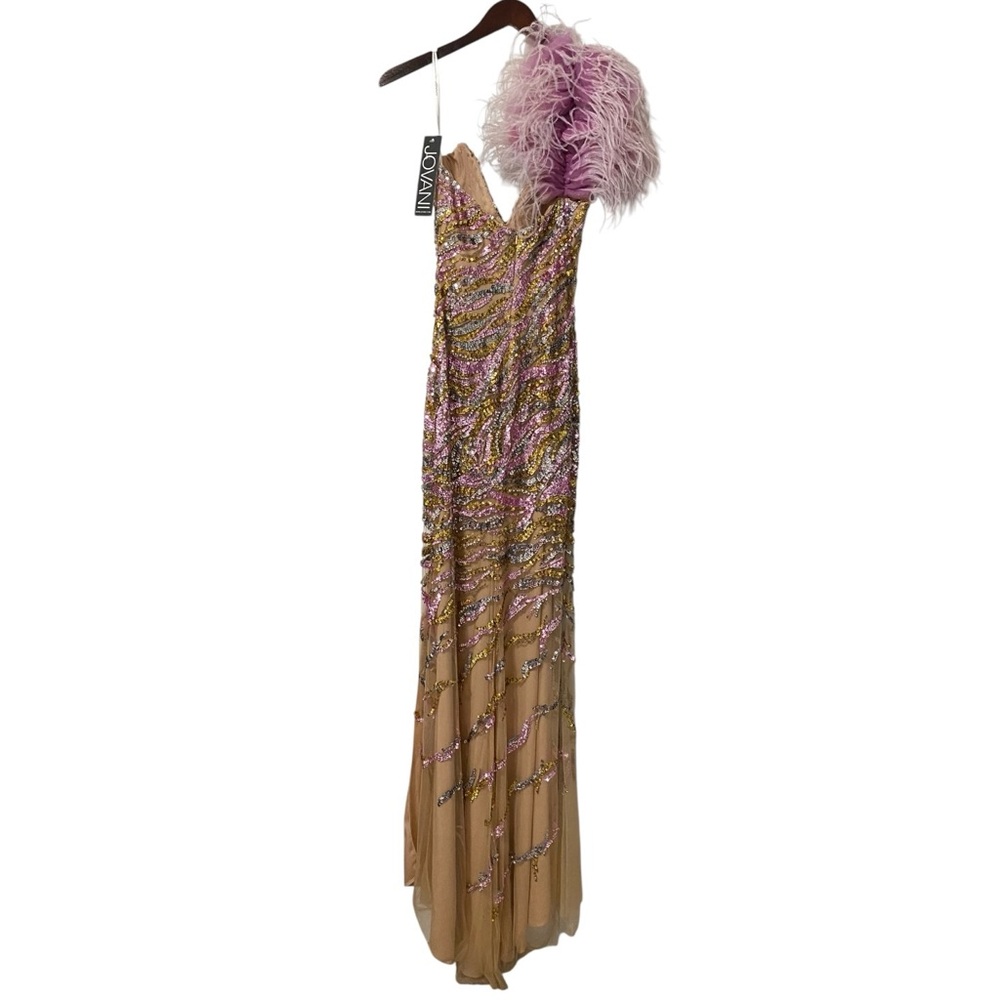 NWT Jovani Rhinestone & Sequin Embelished Pink Silver Gold Tan Maxi Dress Size 4 - Picture 6 of 7